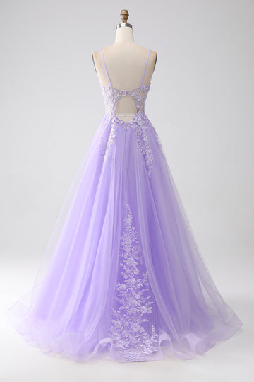Lilla A-Line Spaghetti Straps Tulle Abito lungo da ballo con applicazioni